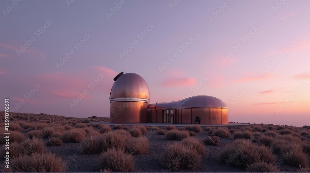 Obraz premium Modern Observatory Dome Buildings in Desert Landscape at Sunset