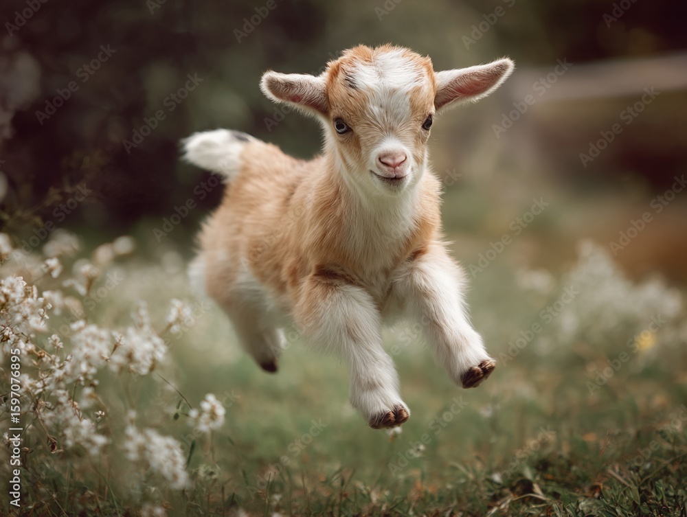 Obraz premium Playful Baby Goat Jumping in Meadow