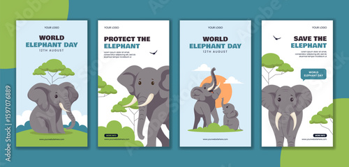 World Elephant Day Vector Illustration with Hand Drawn Flat Cartoon Social Media Stories Template