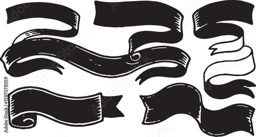 Collection of black hand drawn banners isolated on transparent background
