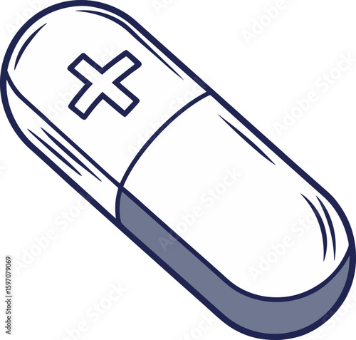 Cartoon Medicine Capsule with Cross Sign | Vector Illustration of Pill or Antibiic Concept