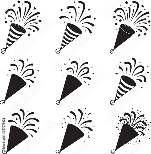 Party poppers exploding with confetti and stars celebration