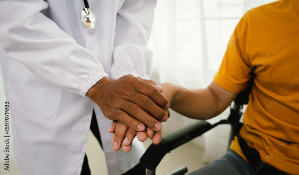 Fototapeta premium A male patient consults a doctor during a medical exam focused on prostate or testicular health, discussing symptoms, diagnosis, and treatment options with trust and professional care.