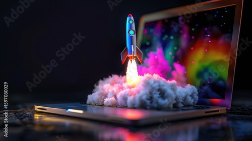 A rocket takes off from a glowing laptop, symbolizing automation future powered by copilot chatbots and agentic bots