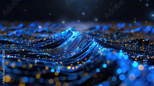 3D particle wave glowing in blue hues, representing data flow, technology, or sound waves in motion