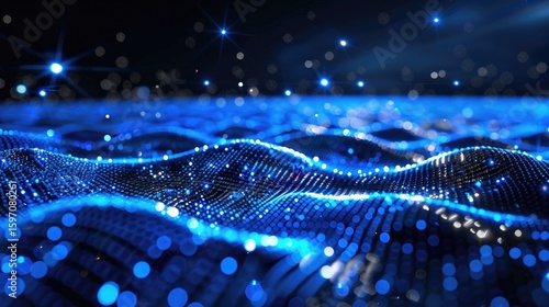 3D particle wave glowing in blue hues, representing data flow, technology, or sound waves in motion