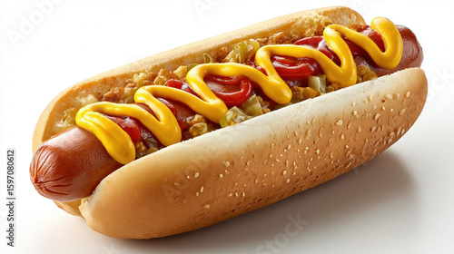 Hot dog topped with mustard and ketchup on a bun