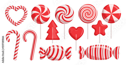 Candy canes red clipart set. Candy cane, lollipop and peppermint candy clip art collection with shape and pattern like spiral, stripes, swirl, pine tree, heart and star for Christmas holiday sweet 