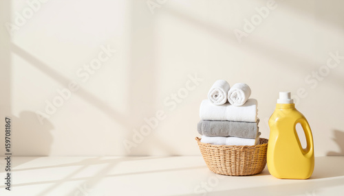 Towels stacked in basket with laundry detergent on neutral background  