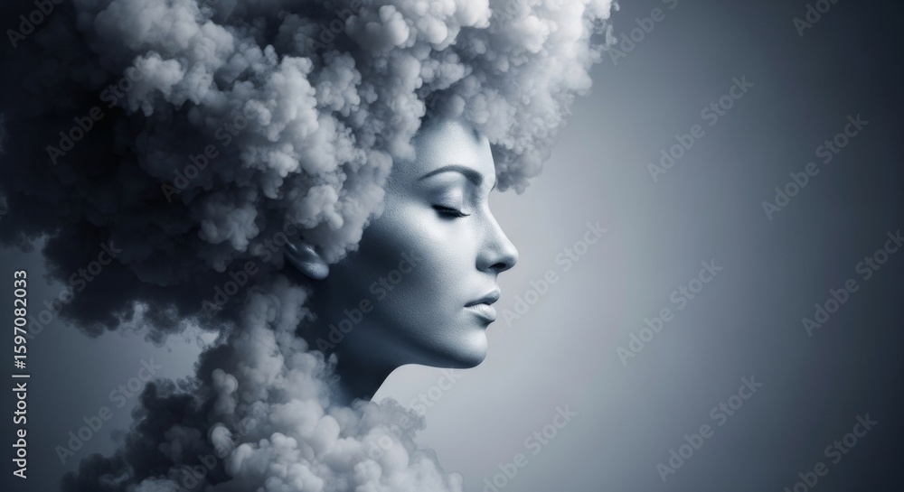 Fototapeta premium A womans profile emerges from a voluminous cloud of smoke, creating a surreal and artistic portrait