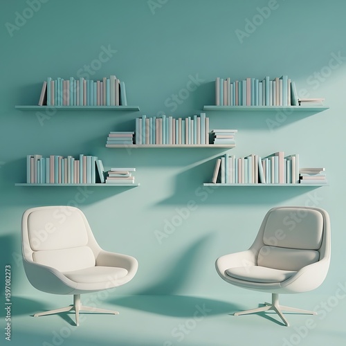 Serene Teal Study: Minimalist Chairs and Pastel Bookshelves in Soft Light