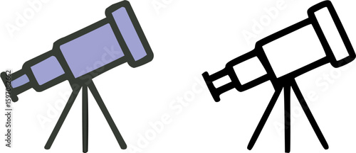 Two cartoon telescopes, one colored and one outlined, depicting astronomical observation equipment.