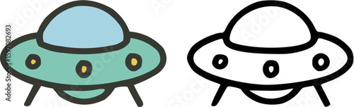 Two cartoon UFOs, one colored in light blue and green, the other in black and white.