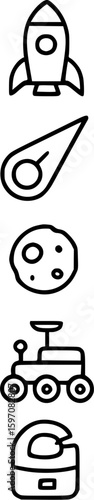Simple black and white icons of space exploration elements.