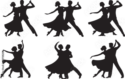 Elegant Silhouettes of Ballroom Dancers Gracefully Moving Across the Floor in Perfect Harmony and Rhythm, Portraying Classic Dance Forms