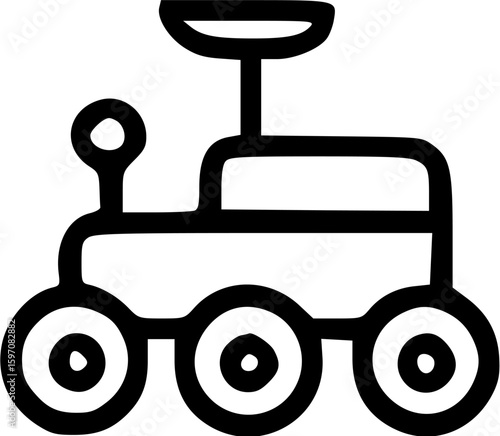 A simple line drawing of a rover with six wheels and an antenna, in black on a white background.
