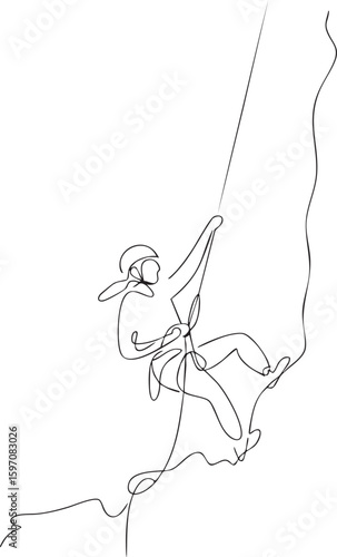 Line art illustration of a person rappelling down a steep rock face with a rope