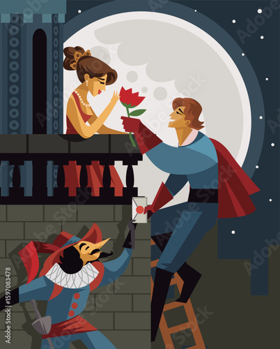 romantic man giving a flower to girlfriend and man giving poem letter to man