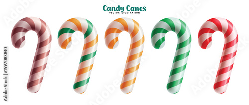 Candy canes 3d clipart set. Candy cane colorful clip art collection with stripes pattern for holiday christmas decoration elements in white background vector illustration.
