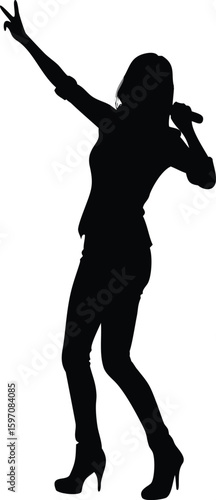 Female Singer Silhouette with Microphone and Peace Sign Pose, Vector Illustration