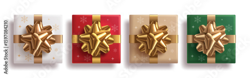 Christmas gift box elements clipart set. Colorful elegant gift boxes clip art with gold ribbon and snowflakes paper wrapped for xmas party decoration elements collection vector illustration.
