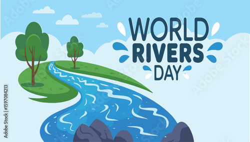 Whimsical World Rivers Day Illustration Featuring a Winding River Landscape and Playful Typography Celebrating Environmental Awareness and Natural Beauty