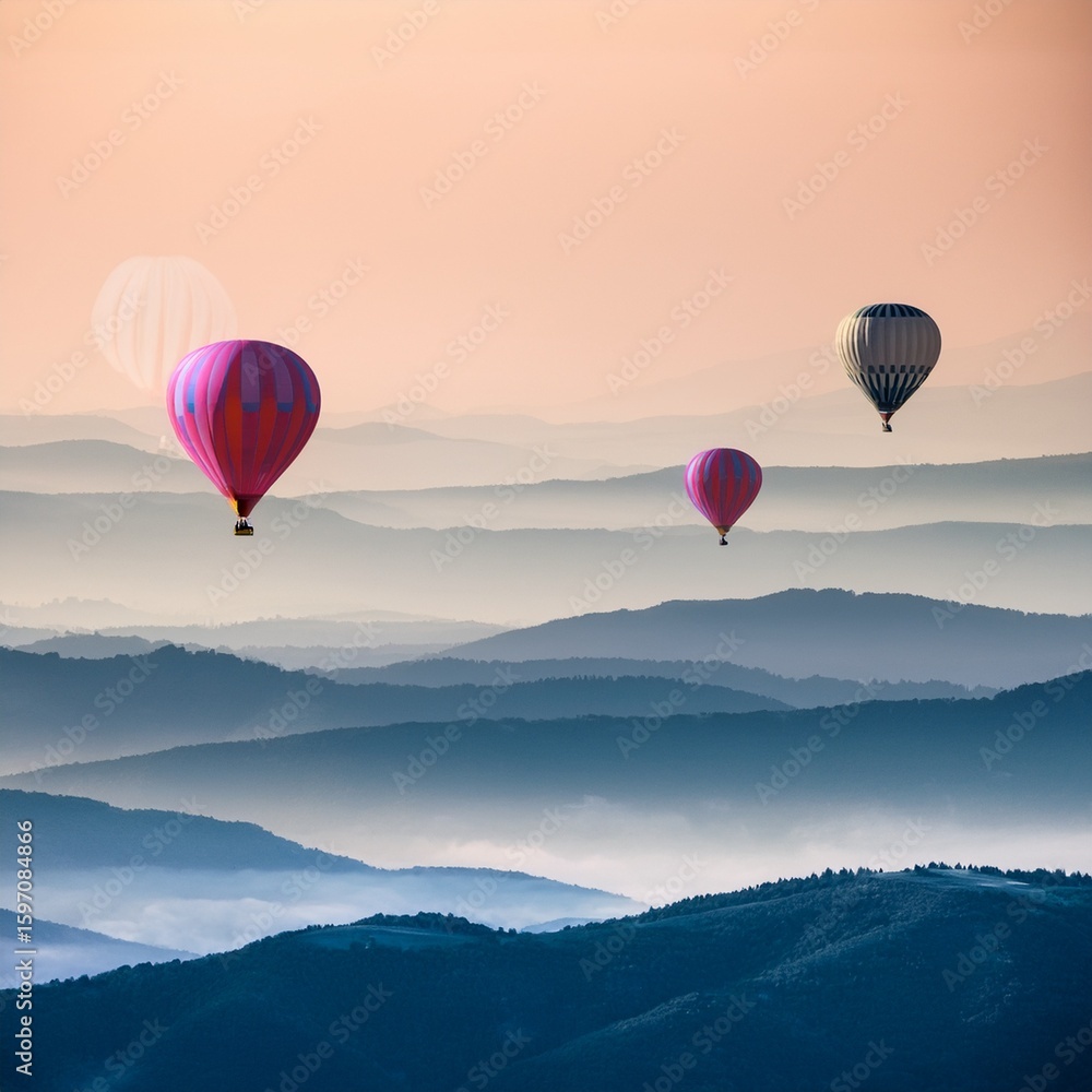 Fototapeta premium hot air balloons over layered hills__ 