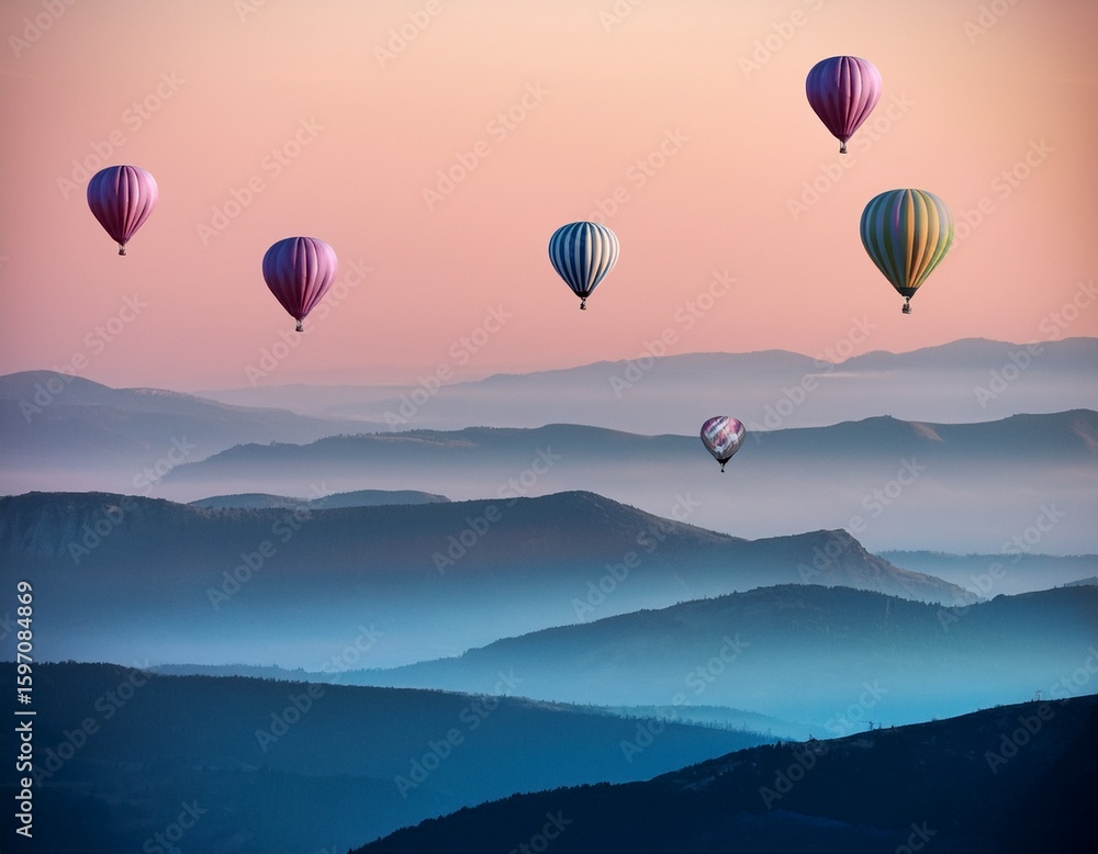 Fototapeta premium hot air balloons over layered hills__ 