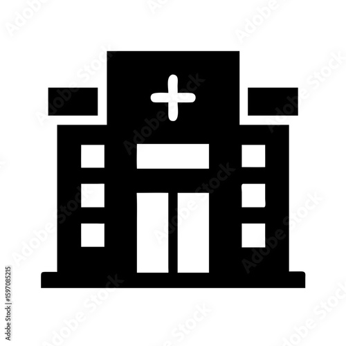 Black and white pictogram of a hospital building with a medical cross symbol