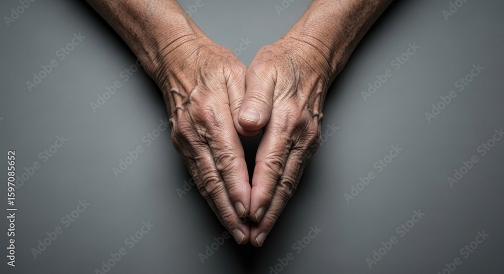Fototapeta premium Close-up showcases the textured hands of an elderly person, revealing intricate details of skin and veins, conveying a sense of age, wisdom, and the passage of time.