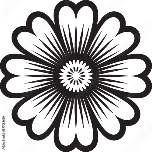 Intricate black and white floral design with radial petals and detailed center