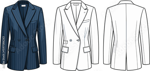 Cad drawing flat vector illustration of men's formal blazer jacket, pinstripe design, double-breasted style, tailored fit, business suit outerwear template
