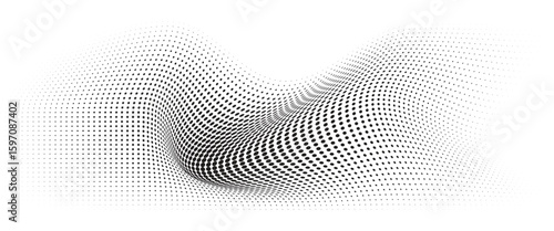 Flowing Wave Dot Halftone Pattern: Curve Gradient Shape on Transparent Background. Suitable for AI, Tech, Network, Digital, Science, and Technology Themes.