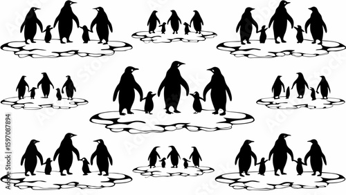 Silhouette penguins families standing on ice floes in a repeating pattern against white background