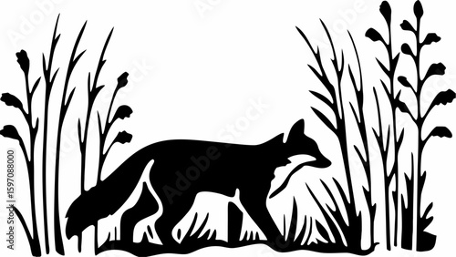 Silhouette of a fox walking through tall grass and plants in a black and white illustration style