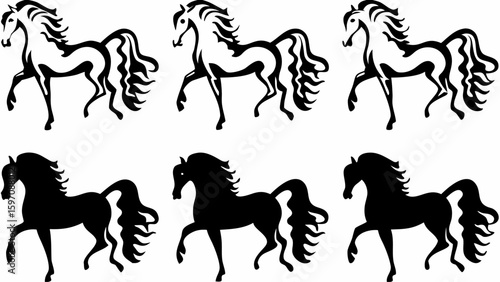 Collection of six stylized horse silhouettes in black and white with flowing manes and tails design image