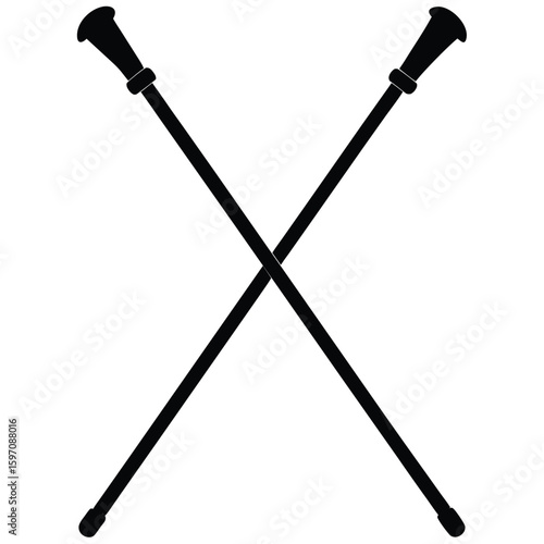 Two crossed black drum major batons on a white background