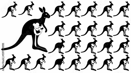A black and white illustration featuring multiple kangaroos with baby joey in their pouches scattered around silhouette