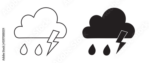 Rain and Thunderstorm Weather Icons: Cloud, Raindrops, and Lightning Bolt