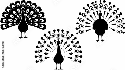 Three stylized peacock silhouettes with elaborate feather displays in a symmetrical arrangement format