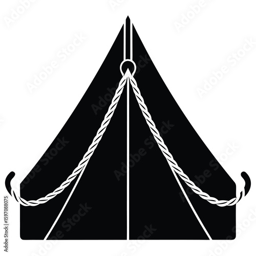 Black silhouette of a classic canvas tent with ropes and stakes