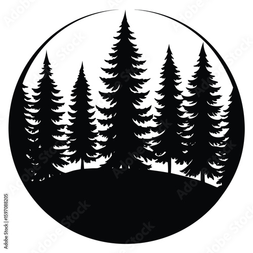 Circular silhouette of a dense evergreen forest landscape