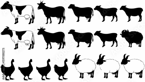 Illustration showing rows of cows sheep and chickens in black and white farm animals livestock scene farmyard 100 silhouette