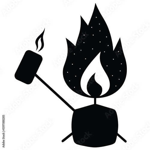 Silhouette of a campfire with a marshmallow on a stick being roasted