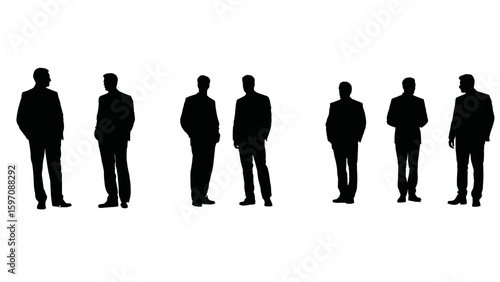 Silhouettes of business people standing in formal attire on white background  