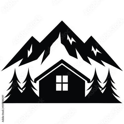 Rustic mountain cabin with pine trees and snowy peaks silhouette
