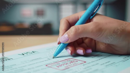 Wallpaper Mural A person's hand with a pen signs a successful application form marked with a red approved stamp. Torontodigital.ca