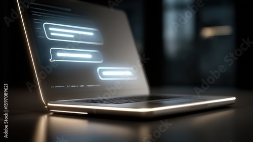 Laptop displaying chat bubbles on dark surface background image