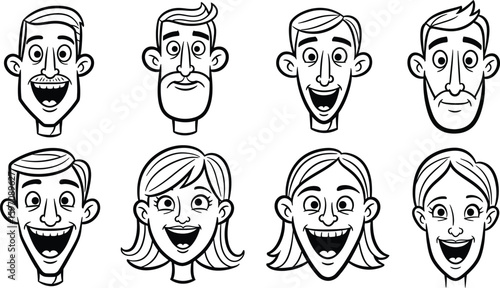 set of cartoon men and woman in many expresion. potrait illustration
