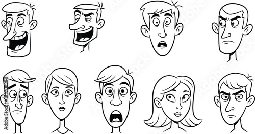 set of cartoon men and woman in many expresion. potrait illustration